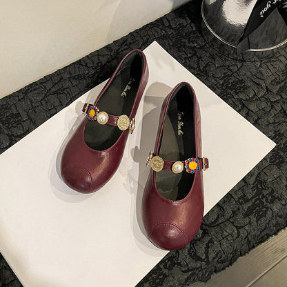 Zapatos casuales de piel suave con punta redonda, tacón bajo y estilo retro