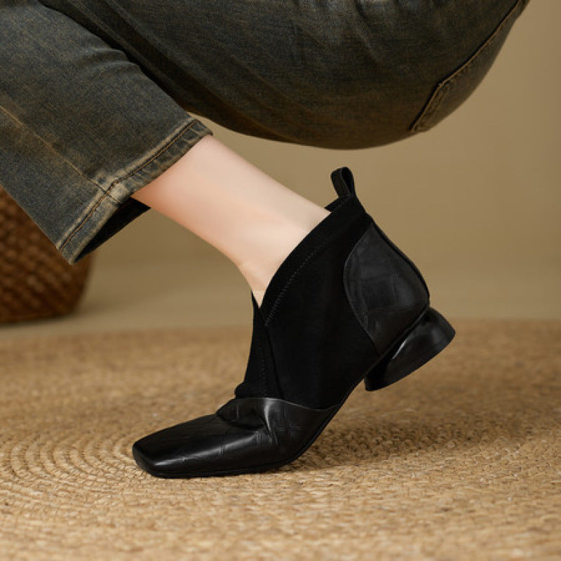 Botines de piel con tacón grueso y estilo francés retro