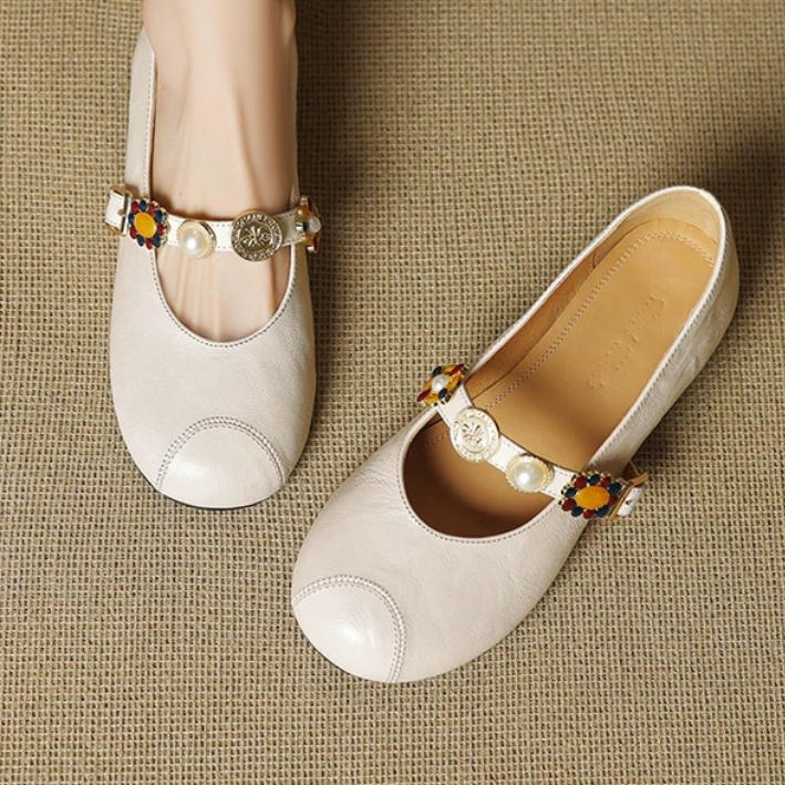 Zapatos casuales de piel suave con punta redonda, tacón bajo y estilo retro